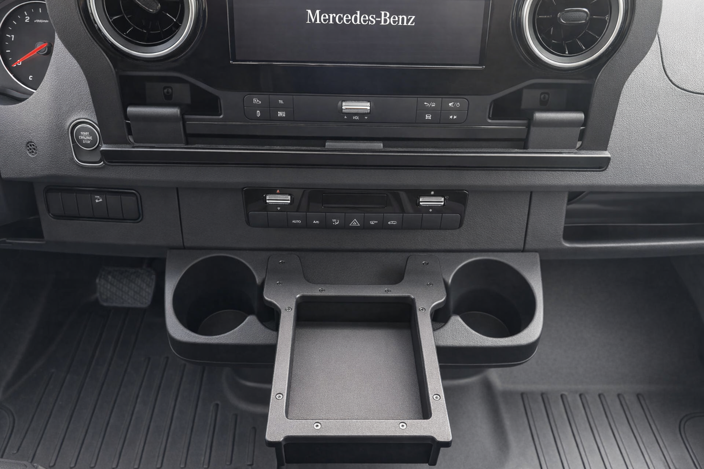 GripTurf Dash Cubby installed in the Sprinter EKKO center console for added storage and organization.