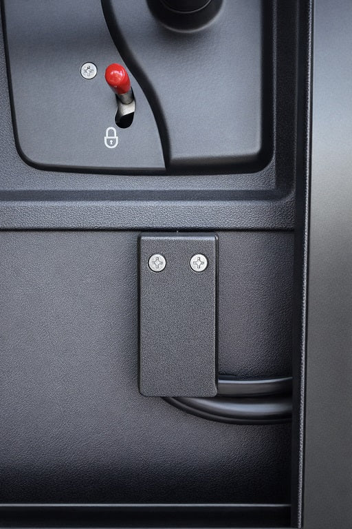 EKKO screen clip mounted on Ekko Door panel, CNC machined marine-grade Starboard, shown installed with screws