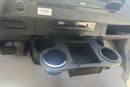 GripTurf Dash Caddy installed on a Mercedes Sprinter dash with dual cup holders.