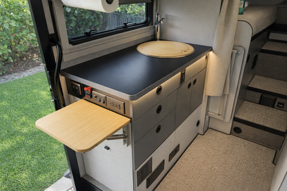 GripTurf Bamboo Prep Pro + Folding Countertop Combo Pack installed in the Winnebago EKKO kitchen.