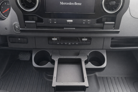 GripTurf Dash Cubby installed in the Sprinter EKKO center console for added storage and organization.