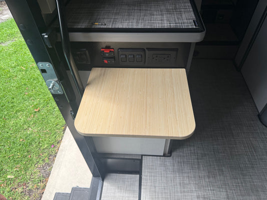 GripTurf Natural Bamboo Folding Countertop Extension installed in the Winnebago EKKO, shown in the upright position.