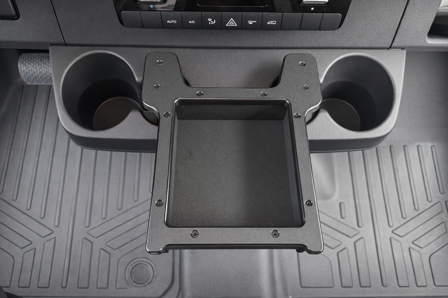 GripTurf Dash Cubby installed in the Sprinter EKKO center console for added storage and organization.