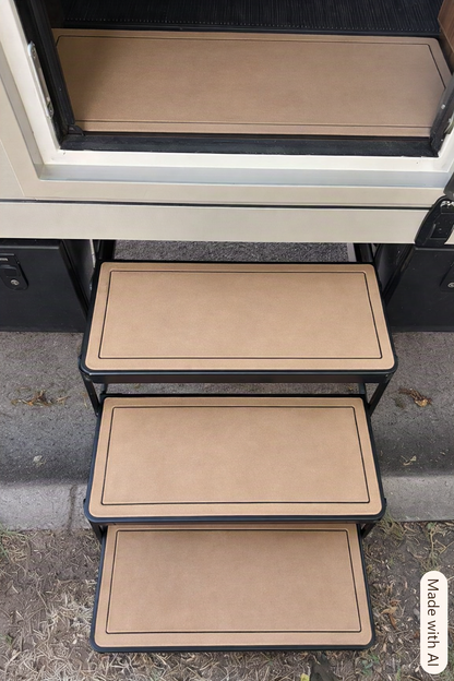 Rossmönster Havn and Loft RV entry steps with tan non‑slip step pads and black metal frames, shown installed at the vehicle doorway 